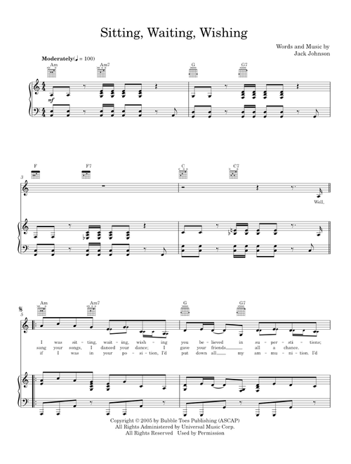 Sitting waiting wishing - Jack Johnson (Piano-Vocal-Guitar)