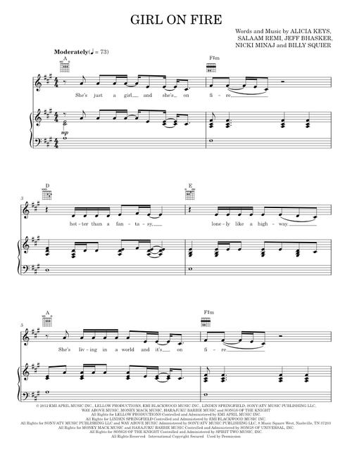 Girl On Fire - Alicia Keys, Nicki Minaj (Piano-Vocal-Guitar)