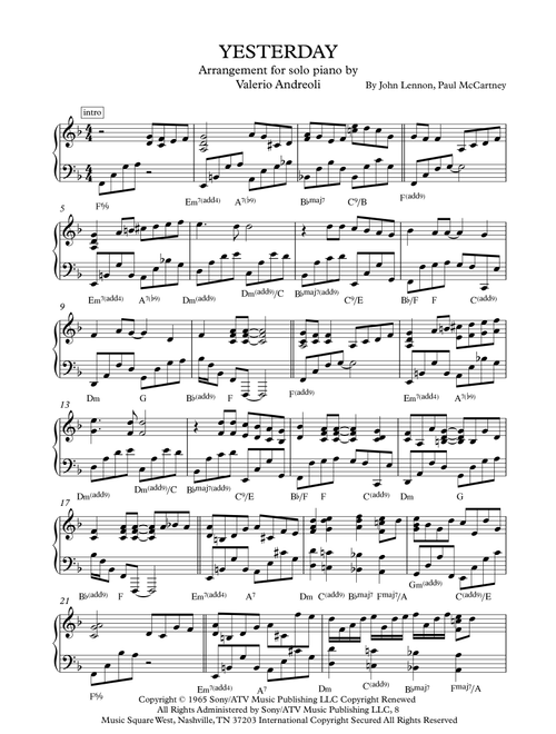 Yesterday (Arr. Valerio Andreoli) - Adam Levine & Tony Lucca (Piano Solo)