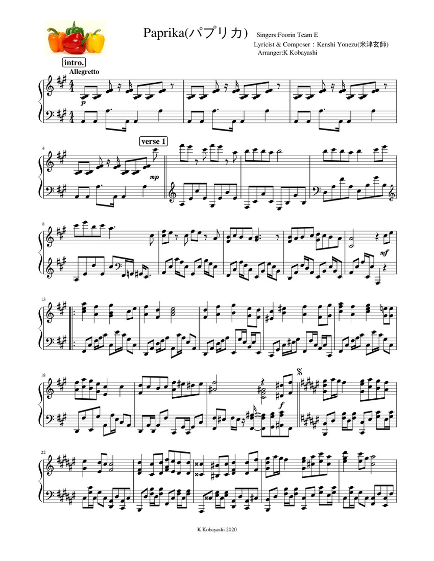 Paprika(パプリカ) - Kenshi Yonezu(米津玄師) Sheet Music for