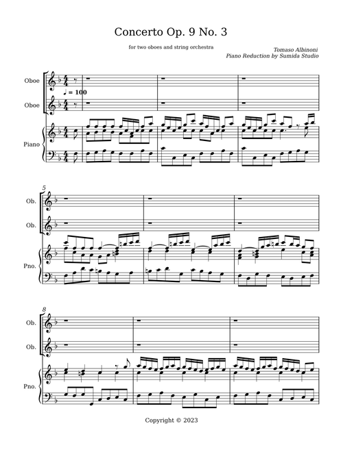Concerto for 2 Oboes in F major, Op.9 No.3 – Tomaso Albinoni First Movement (Piano Reduction)