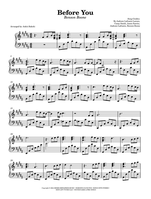 Before You (Arr. Ankit Bakshi) - Benson Boone (Piano Solo)