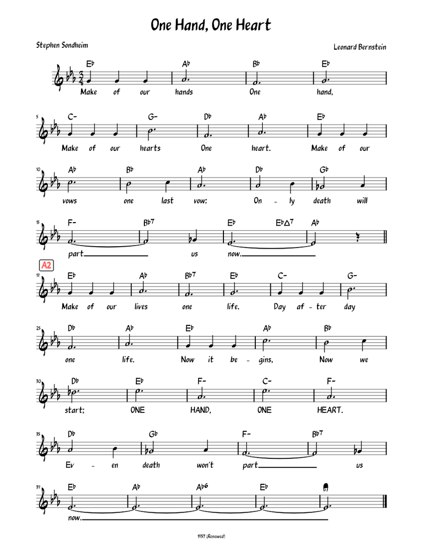 One Hand, One Heart – Leonard Bernstein Sheet Music with Chords