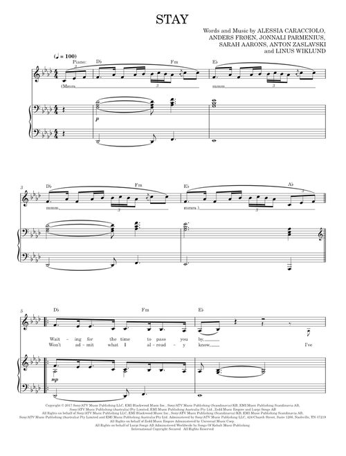 Stay - Alessia Cara feat. Zedd (Piano-Vocal-Guitar)