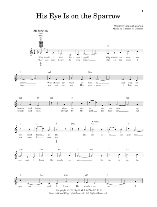 His Eye Is On The Sparrow - Charles H Gabriel, Civilla D Martin (Easy Guitar)