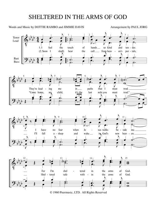 Sheltered In The Arms Of God (Arr. Paul A. Jorg) - Jimmie Davis, Dottie Rambo (Choral, TTBB)