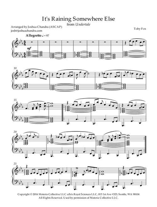 It's Raining Somewhere Else (Arr. Joshua Chandra) - Toby Fox (Piano Solo)