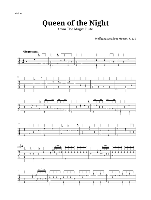 Queen of the Night by Mozart for Guitar TAB (Arr. Langanho) (Guitar Tab)