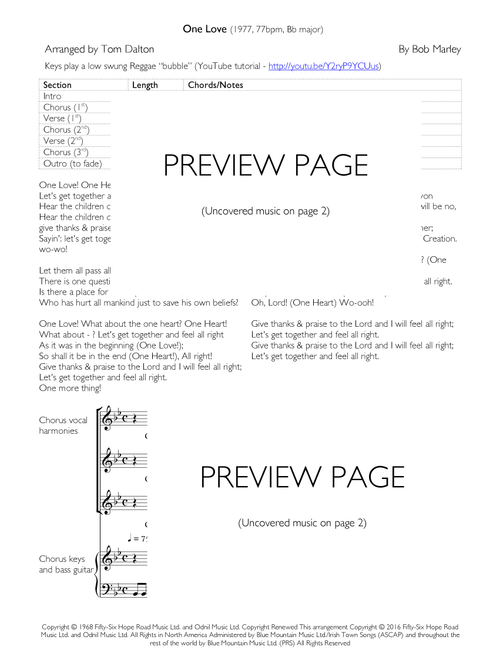 One Love (Arr. Tom Dalton) - Bob Marley (Piano Chords-Lyrics)