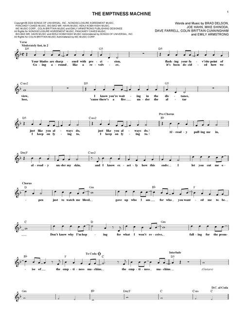 The Emptiness Machine - Linkin Park (Lead Sheet - Fake Book)