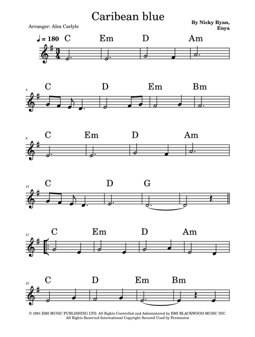Caribbean Blue (Arr. Alex Carlyle) - Enya (Lead Sheet - Fake Book)