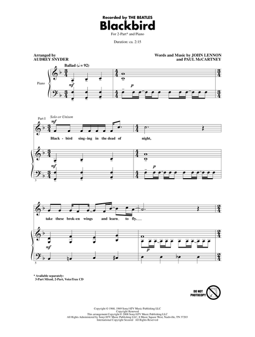 Blackbird (arr. Audrey Snyder) - The Beatles (Choral, 2-Part)