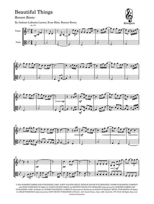 Beautiful Things (Arr. Estreguin) - Benson Boone (Instrumental Duet)