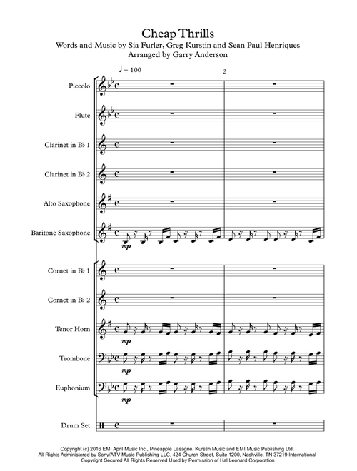 Cheap Thrills (Arr. Garry Anderson) - Sia feat. Sean Paul (Large Ensemble)