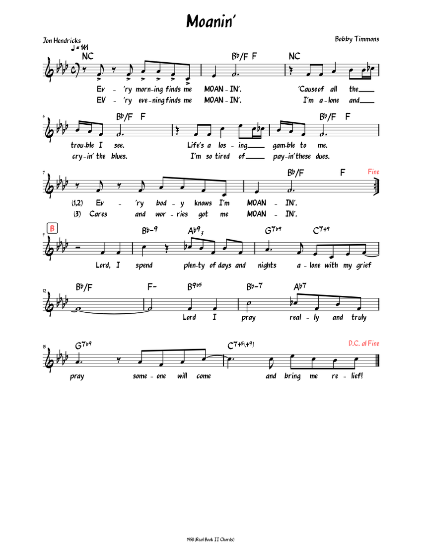 Moanin' (Lead sheet with lyrics ) Sheet music for Piano (Solo