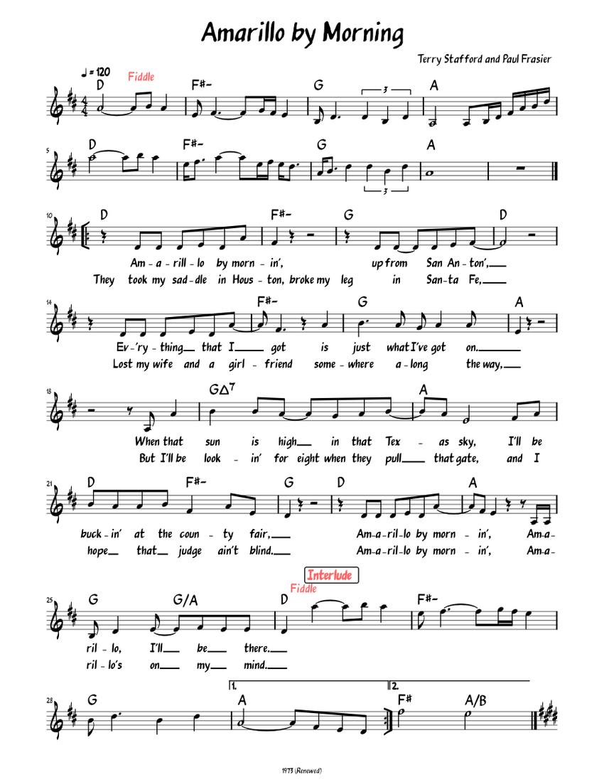 Amarillo by Morning (Lead sheet with lyrics ) Sheet music for Piano