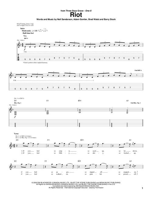 Riot - Three Days Grace (Guitar Tab)