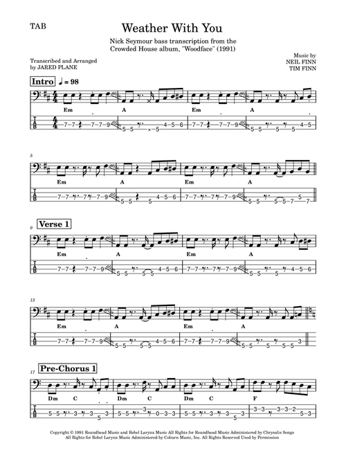 Weather With You (Arr. Jared Plane) - Crowded House (Bass Tab)