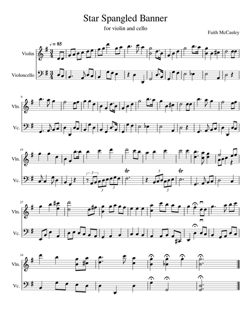 The Star Spangled Banner for violin and cello