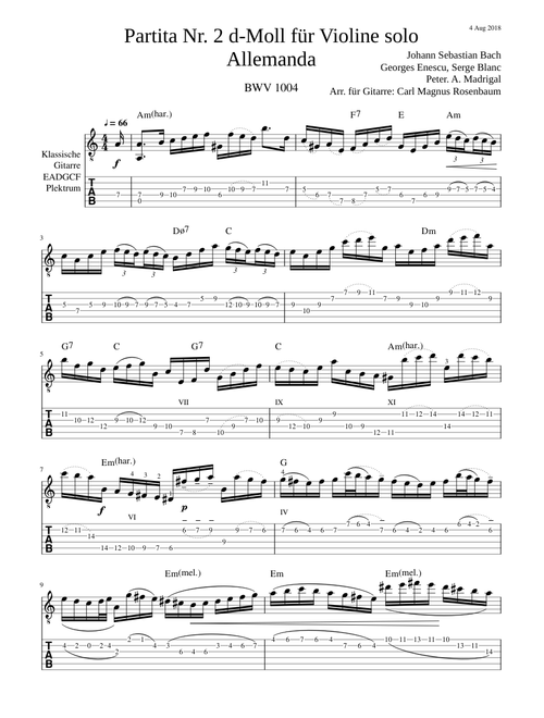 Bach - Partita Nr. 2 d-Moll für Violine solo Allemanda - Gitarre EADGCF