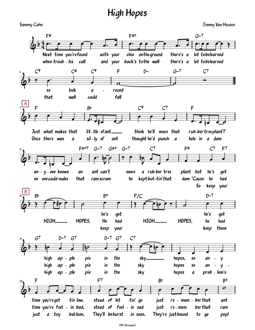 High Hopes Lead Sheet With Lyrics Sheet Music For Piano Solo 