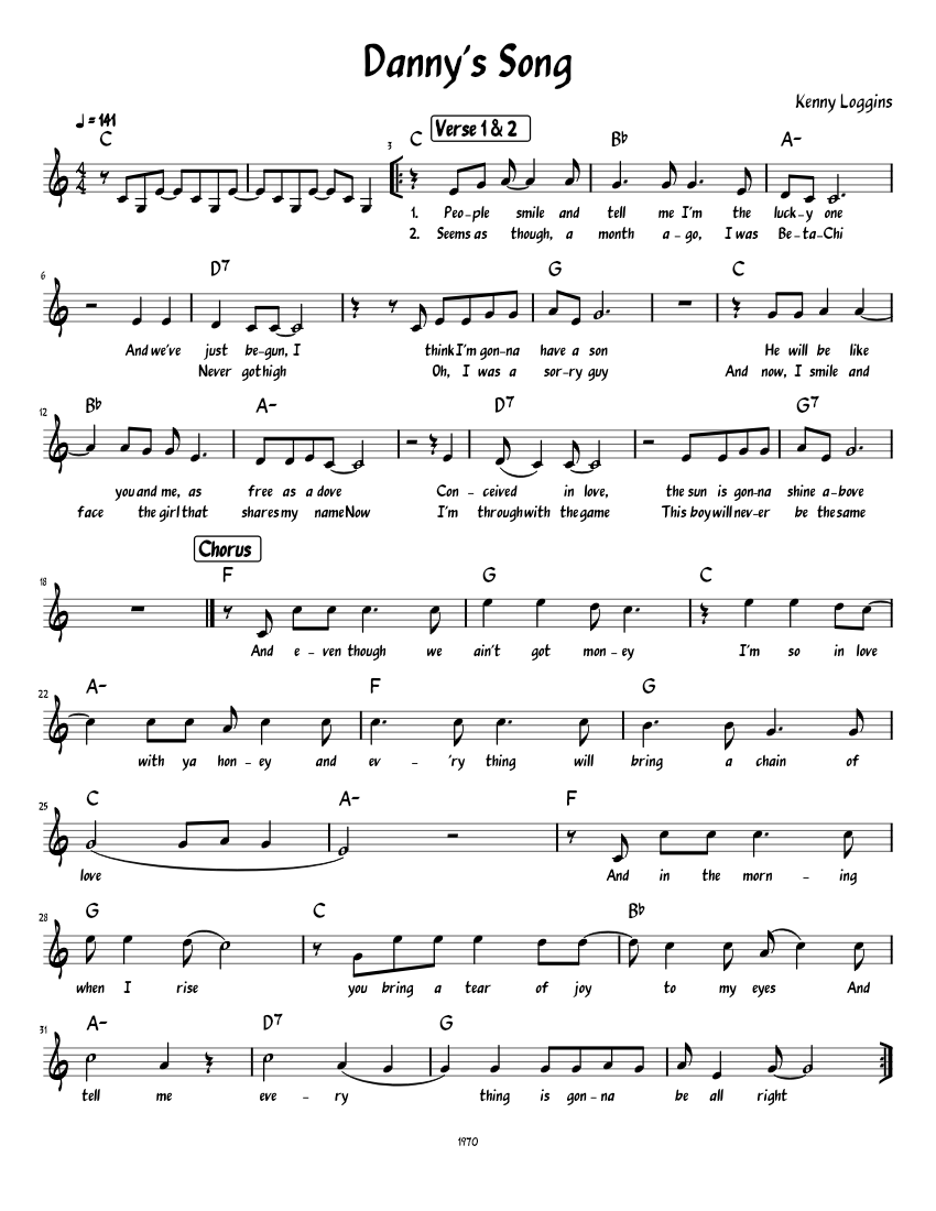 Danny Sheets Danny's Song (Lead sheet with lyrics ) Sheet Music with Chords for ...