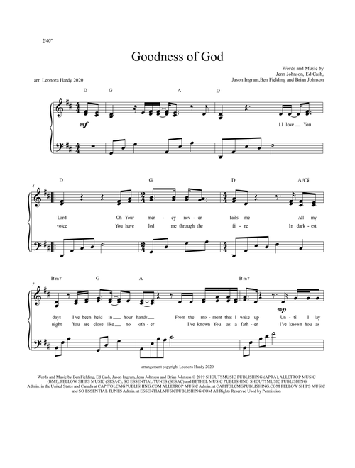 Goodness Of God (Arr. Leonora Hardy) - Bethel Music and Jenn Johnson (Piano-Vocal-Guitar (Piano Accompaniment))