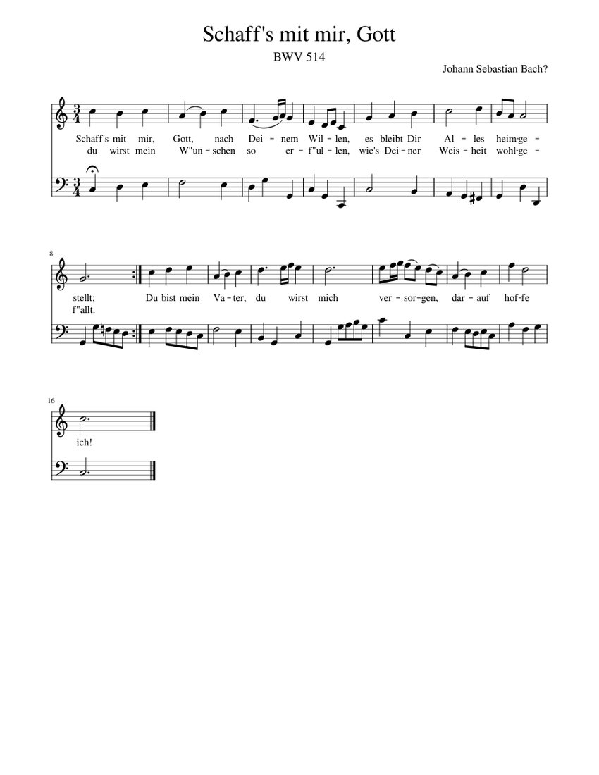 Johann Sebastian Bach - Schaff's mit mir, Gott Sheet music for Piano ...