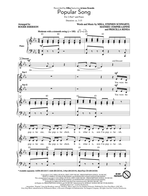Popular Song (Arr. Roger Emerson) - Stephen Schwartz, Mika, Ariana Grande (Choral, 2-Part)