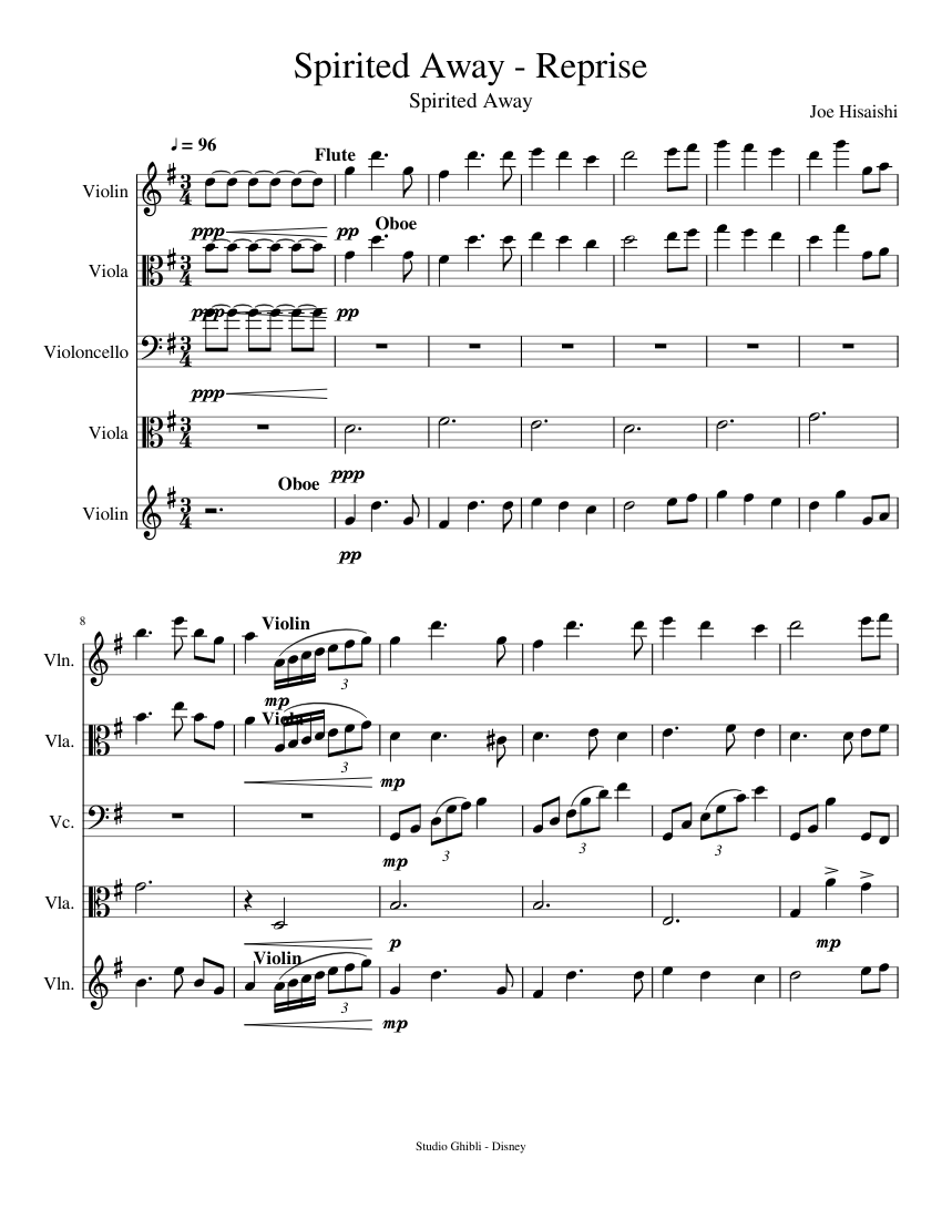 Reprise (Spirited Away) Sheet music for Violin, Viola, Cello (String Quintet)