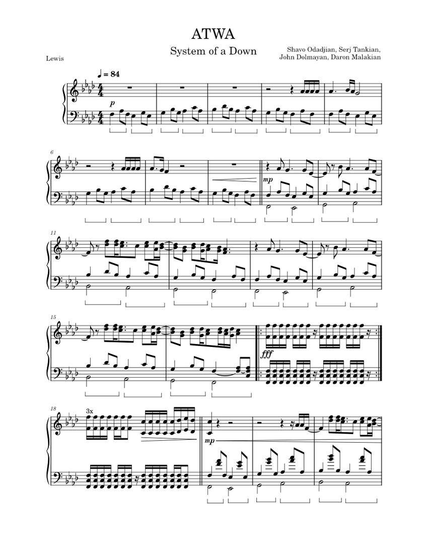 Atwa System of a Down Sheet music for Piano Solo Musescore