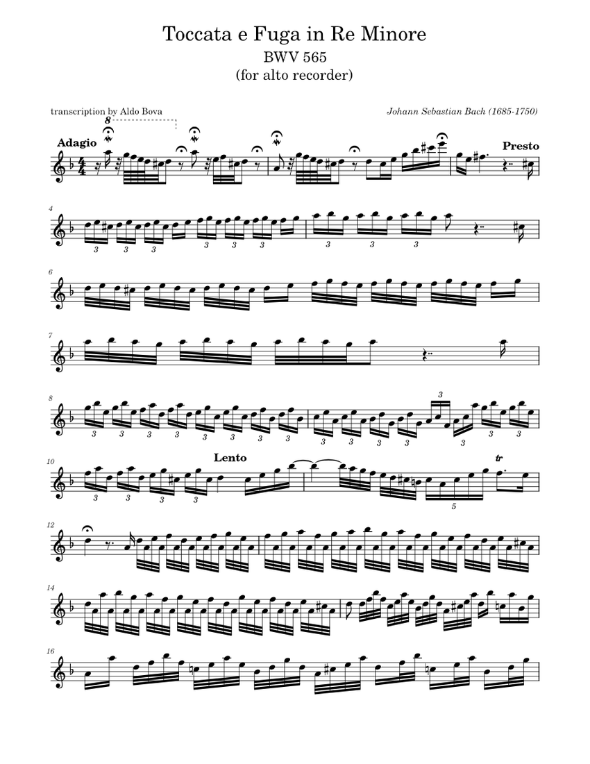 Toccata & Fugue, BWV 565 – J. S. Bach (Alto Recorder) Sheet Music