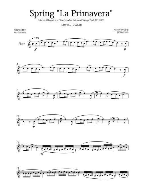 "Spring" (La Primavera) by Vivaldi - Easy version for FLUTE SOLO (Arr. Iury Cardoso) - Antonio Vivaldi (Flute Solo)