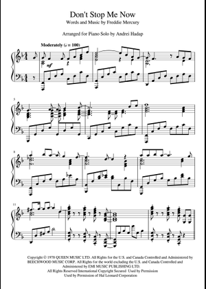 Don't Stop Me Now (Arr. Andrei Hadap) - Queen (Piano Vocal) Piano-Voice