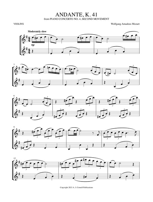 Andante (from Piano Concerto No. 4, K. 41) (Arr. Mark Phillips) - Wolfgang Amadeus Mozart (Violin Duet)
