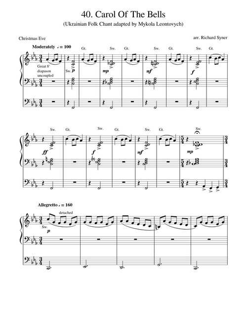 Carol Of The Bells arranged for Organ