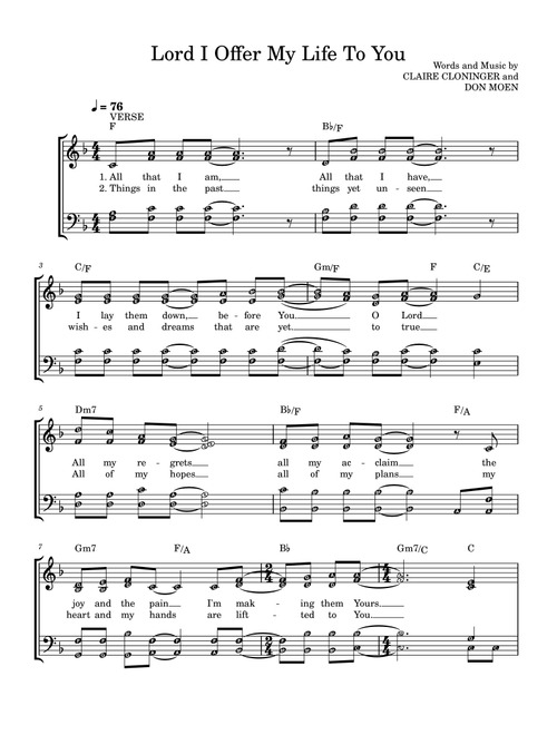 Lord I Offer My Life To You Piano Sheet Music Score with note names (Arr. HARMONY CENTRE) - Don Moen (Easy Piano)