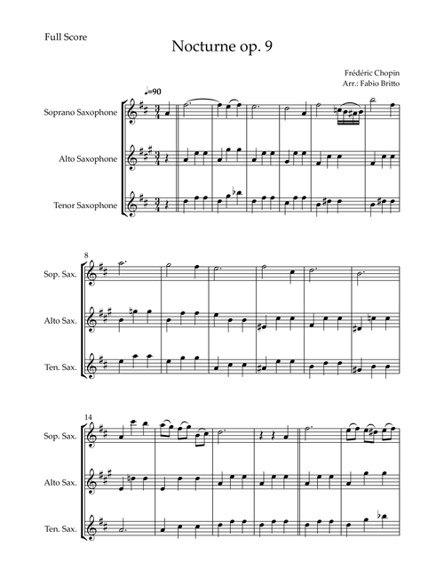 Nocturne Op.9 No. 2 (Frédéric Chopin) for Saxophone Trio (Arr. Fabio Britto) (Woodwind Ensemble)