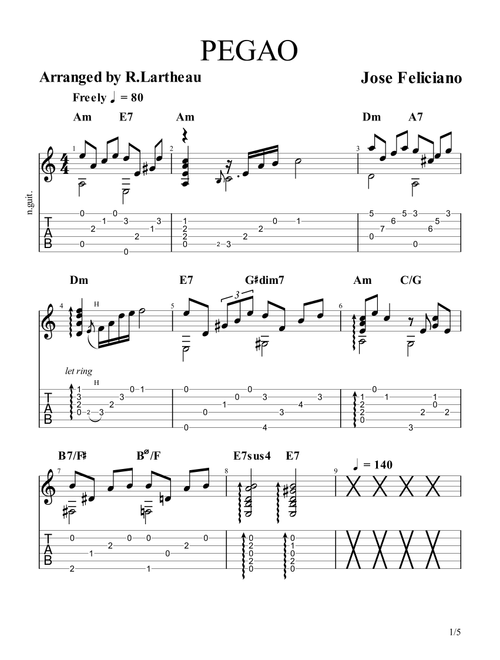 Pegao (Arr. Roger Lartheau) - Jose Feliciano (Guitar Tab)