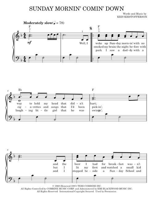 Sunday Mornin' Comin' Down - Johnny Cash, Kris Kristofferson (Easy Piano)