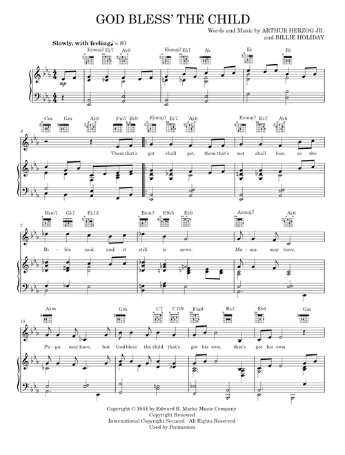 God Bless' The Child - Billie Holiday (Piano-Vocal-Guitar)