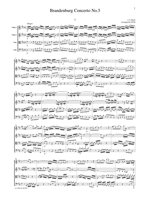 J.S.Bach Brandenburg Concerto No.5, all mvts., BWV1050, for string quartet, CB215 (Arr. FCMUSIC) (String Quartet)