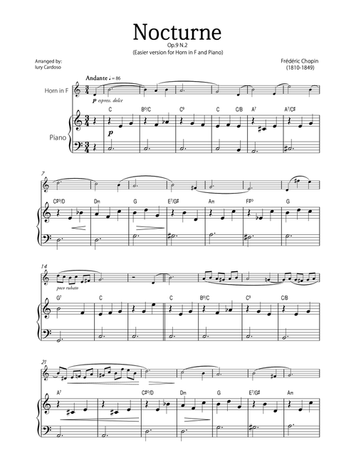 "Nocturne" (Chopin) - Beautiful EASY version for HORN in F and PIANO. (Arr. Iury Cardoso) - Frédéric Chopin (French Horn and Piano)