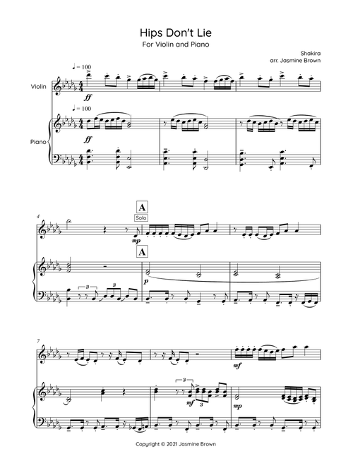 Hips Don't Lie (Arr. Jasmine Brown) - Shakira Featuring Wyclef Jean (Violin and Piano)