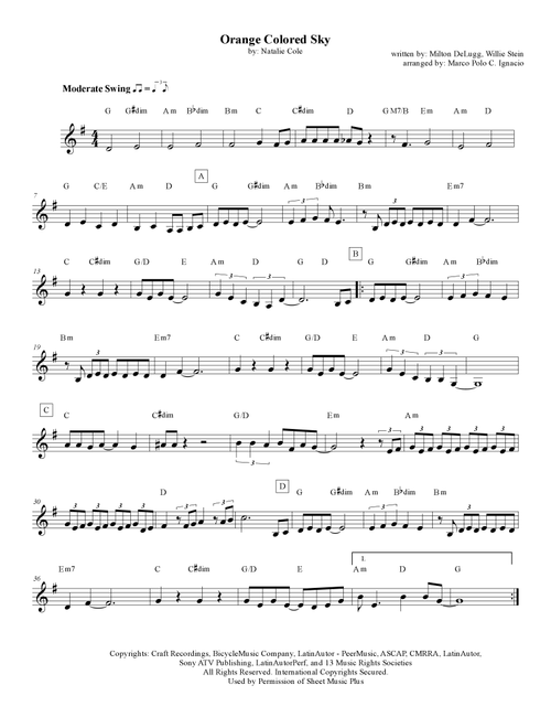 Orange Colored Sky (Arr. Marco Polo C. Ignacio) - Natalie Cole (Lead Sheet - Fake Book)