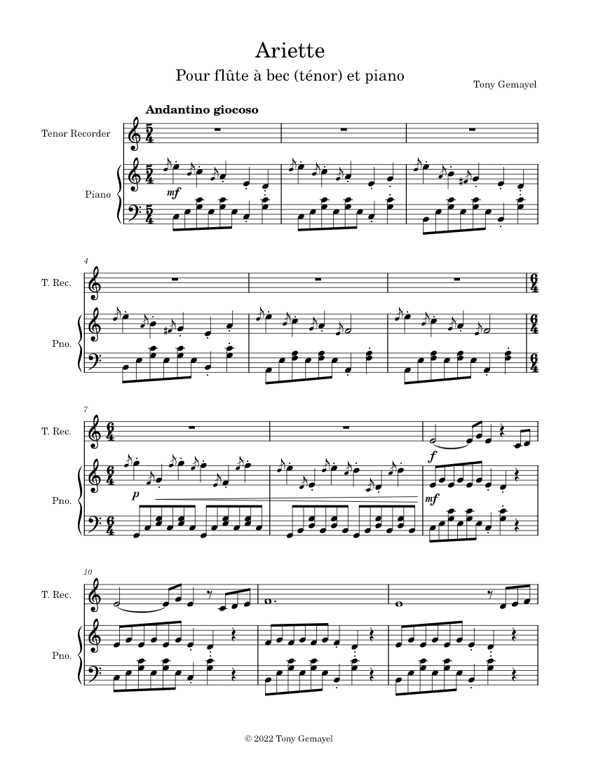 Arietta for Tenor Recorder and Piano - Tony Gemayel Sheet Music for ...