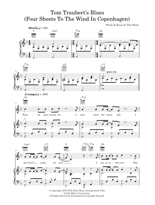 TOM WAITS BIG TIME 楽譜　ギタースコア Time by Tom Waits (Piano & Voice) Sheet Music for Piano