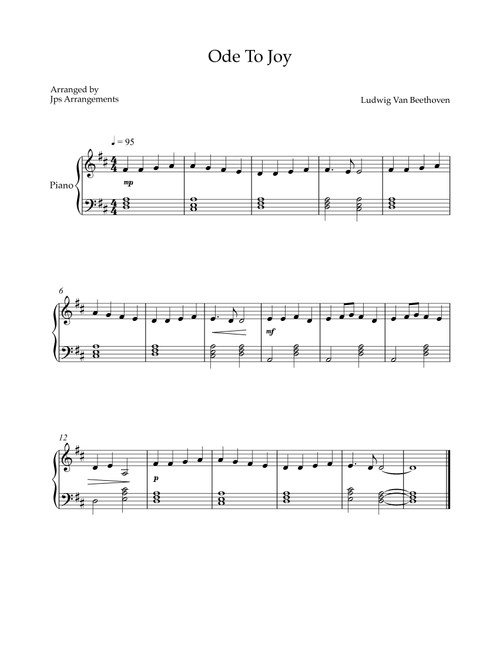 Ode to Joy - easy piano in D (Arr. Jps Arrangements) - Ludwig Van Beethoven (Easy Piano)