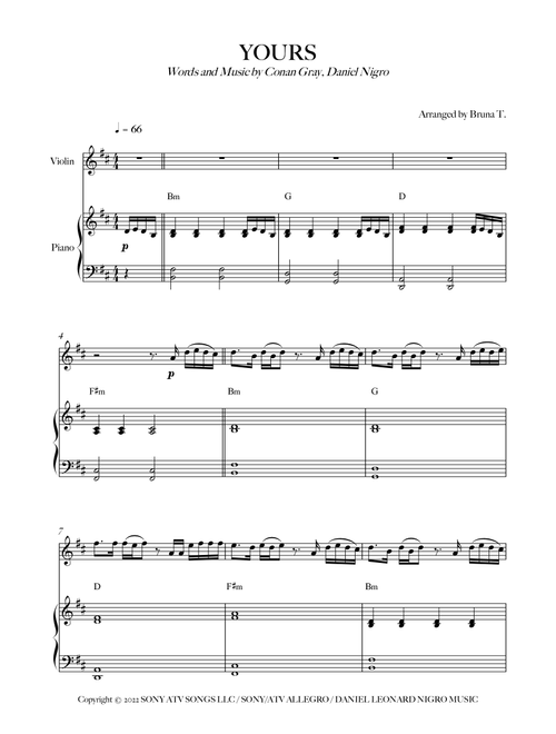 Yours (Arr. Bruna T.) - Conan Gray (Violin and Piano)