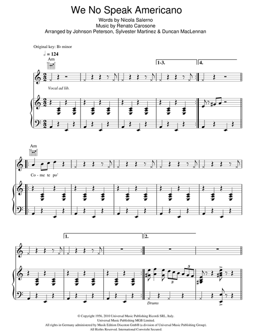 We No Speak Americano (Arr. Duncan MacLennan) - Yolanda Be Cool & DCUP (Piano-Vocal-Guitar (Piano Accompaniment))